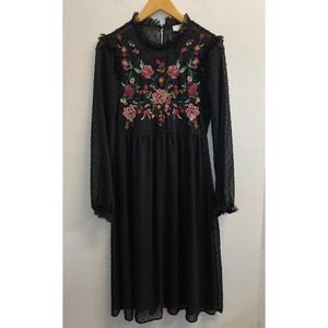 Braeve Women’s XS Embroidered‎ Sheer Swiss dot Midi Dress Black Floral Ruffle